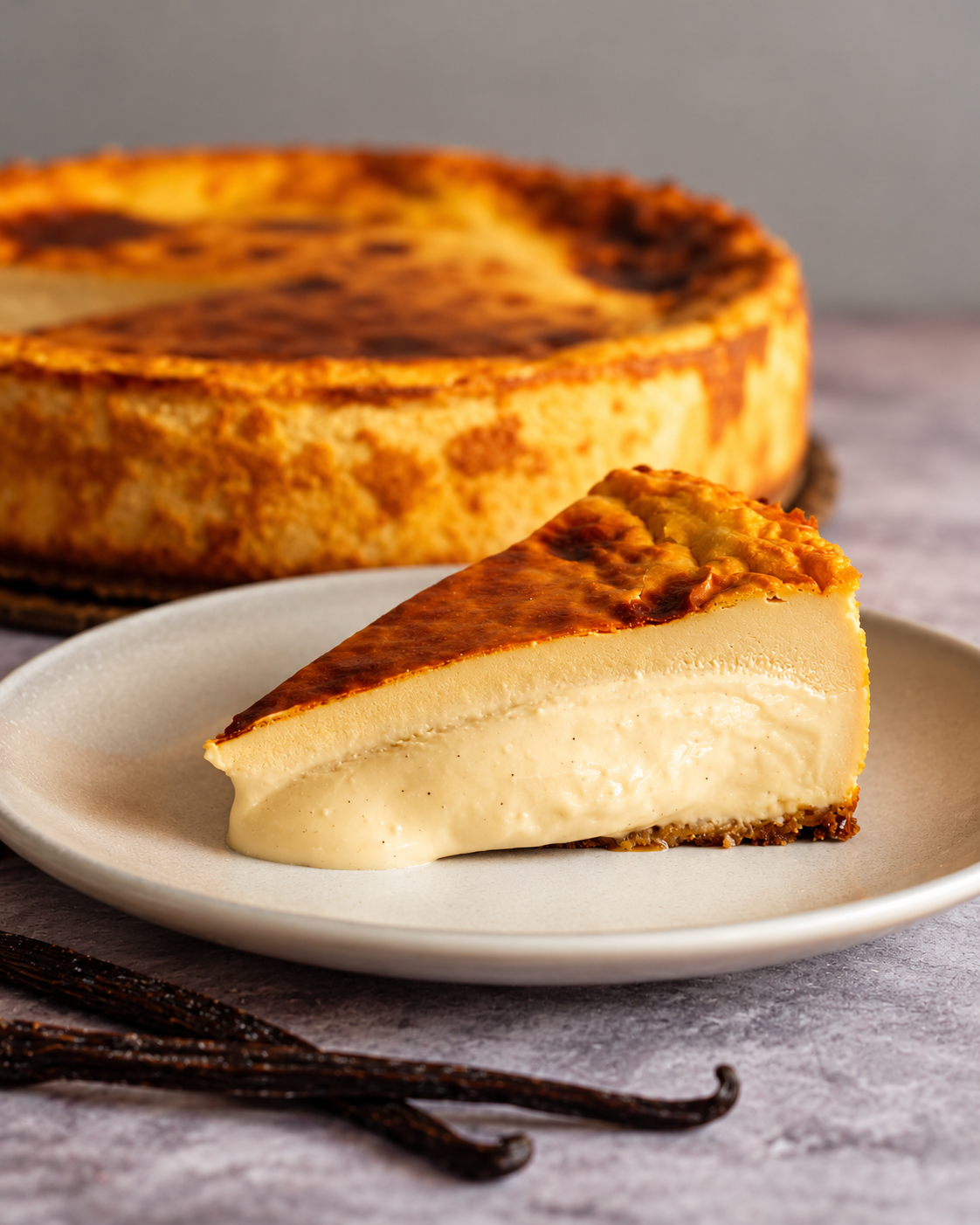 Creamy classic Basque cheesecake slice with a caramelized top