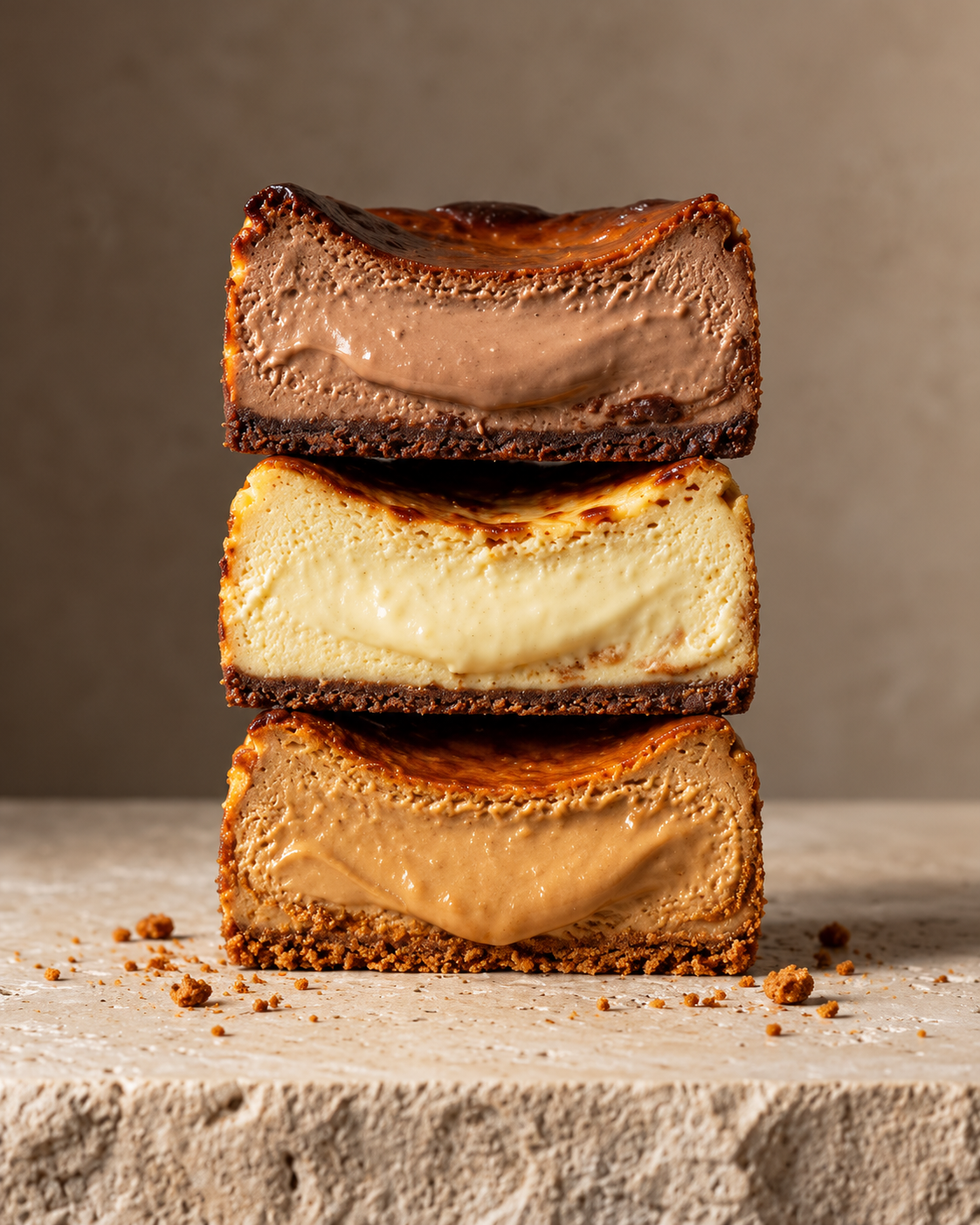 Three creamy Basque tart slices stacked: Nutella, classic, and Lotus cookie butter